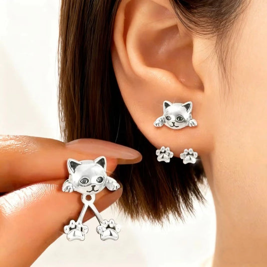 Silver Color Funny Vintage Cat Earring for Women, Cute Animal Kitty Back Hanging Drop Earrings, Piercing Jewelry for Girls Party Banquet