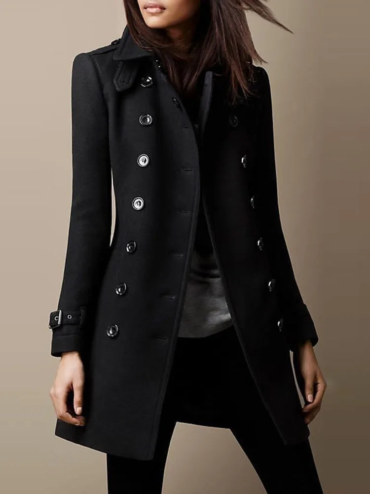 Chaquetas de lana de invierno para mujer, abrigo superior con solapa y doble botonadura, abrigo liso ajustado y elegante para mujer.