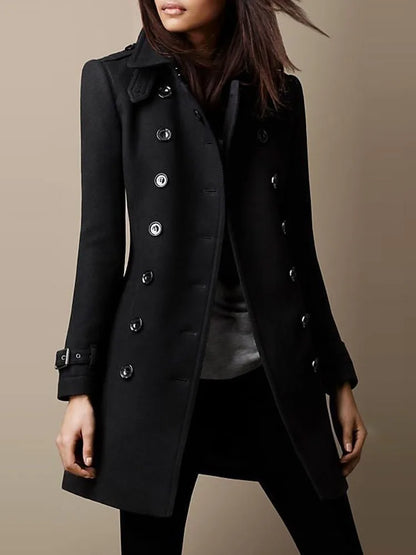 Chaquetas de lana de invierno para mujer, abrigo superior con solapa y doble botonadura, abrigo liso ajustado y elegante para mujer.