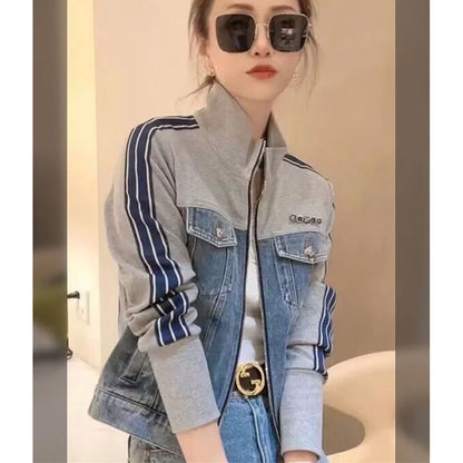 Otoño mujer cuello alto cremallera Denim abrigo coreano señoras Patchwork vaquero prendas de vestir 2025 mujer chaqueta vaquera de manga larga