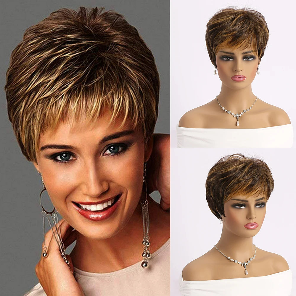 Short natural wigs with bangs, soft hair for mom, daily use, short gray ombre curly synthetic hair, costume party wig for women