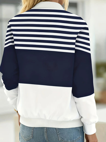 Primavera y otoño nueva moda mujer estampado a rayas cremallera prendas de vestir exteriores chaqueta Casual de mujer Top de Jersey de béisbol de manga larga