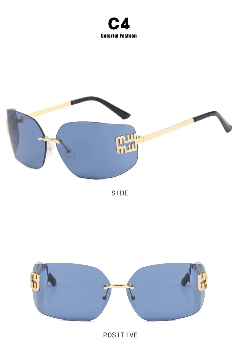 Gafas sin montura de lujo de Metal Funky para mujer, gafas clásicas con remaches de diseñador de marca, gafas de curvas con gradiente rectangular para mujer