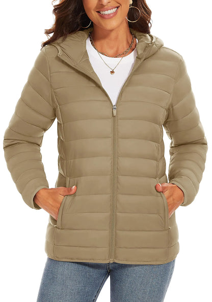 TACVASEN Chaqueta acolchada con capucha y cremallera completa para mujer, abrigos cálidos acolchados de invierno, cortavientos informal, prendas de vestir ligeras acolchadas para exteriores