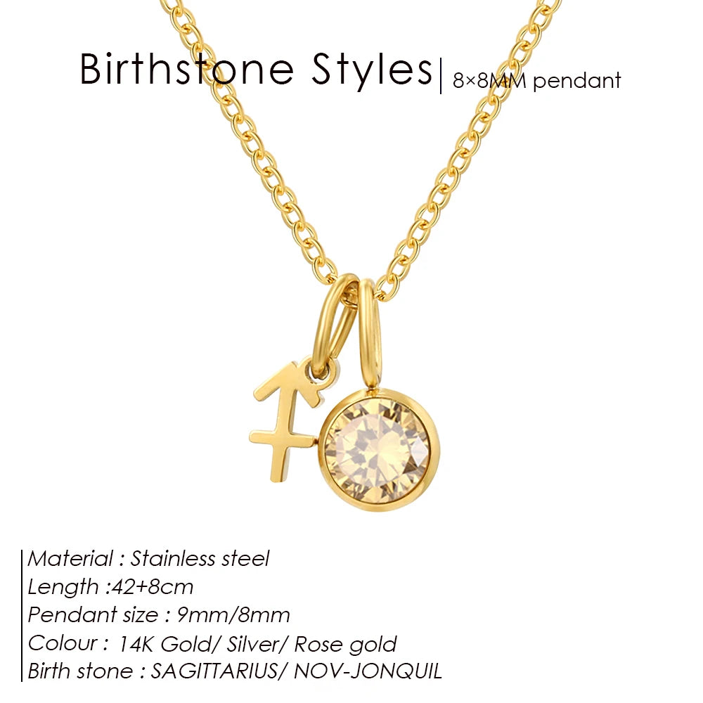 EManco - Birthstone Constellation Double Pendant Necklace, 12 Zircon Stainless Steel Jewelry, DIY Necklace.