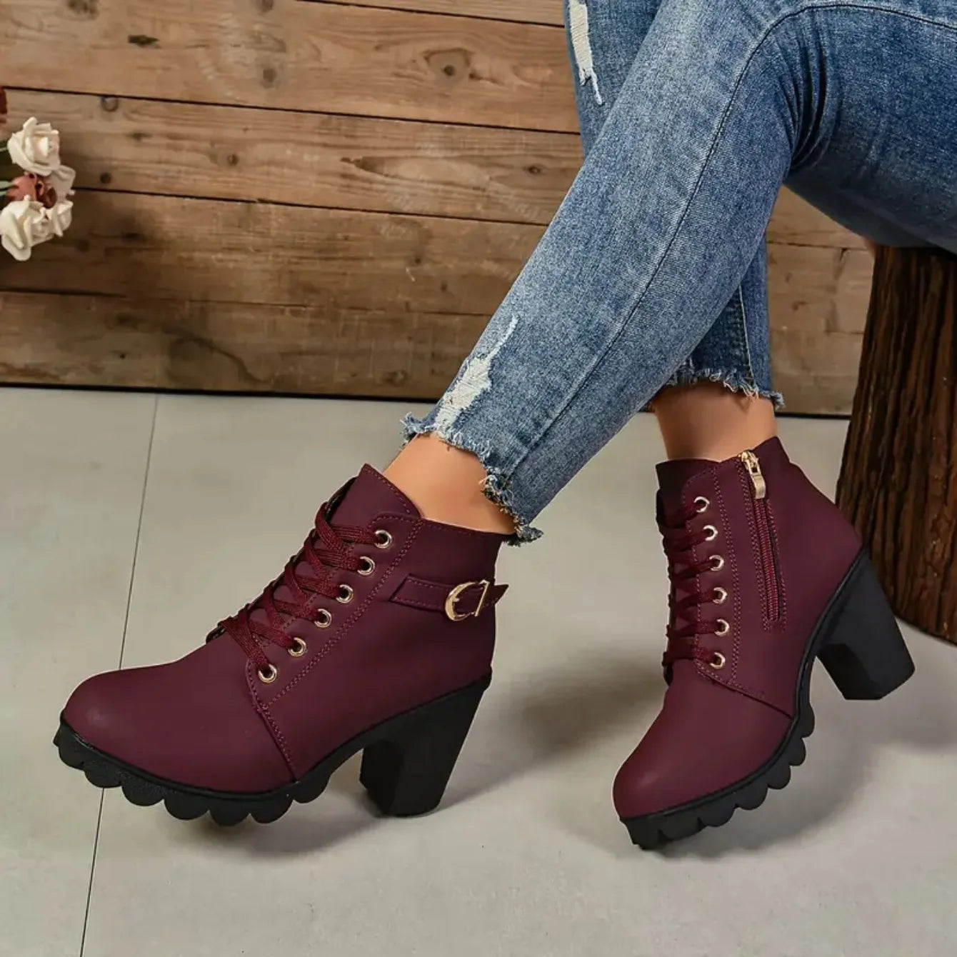 Women's Anti-slip Lace-up Boots, High Heel Shoes, Outdoor Fashion, High Quality, Autumn and Winter