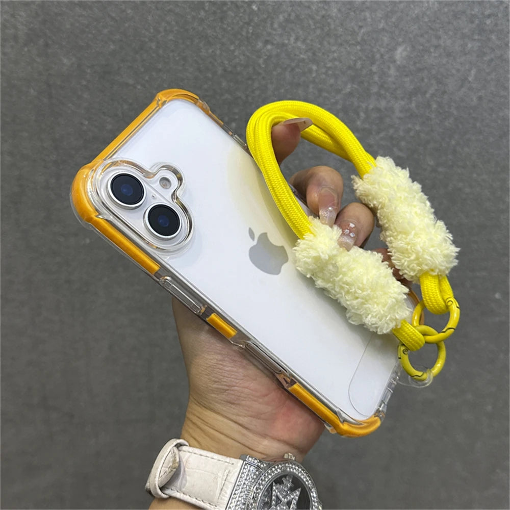 Armadura de parachoques híbrida transparente con correa para la muñeca para iPhone 15 11 12 13 14 16 Pro Max Plus X XS XR cubierta de bolsa de aire a prueba de golpes.