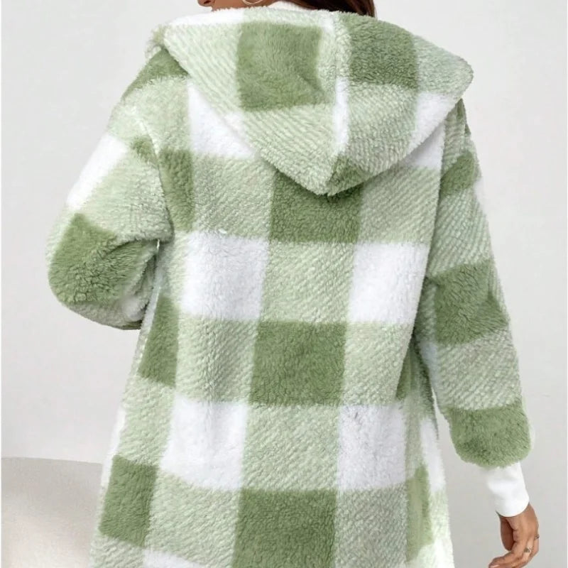 Cárdigan a cuadros de doble lana para mujer, chaqueta suave holgada de manga larga de felpa cálida con capucha, abrigo de retales para mujer, Otoño e Invierno