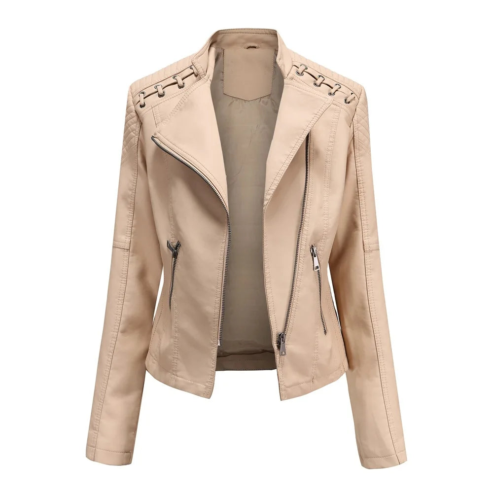 Chaqueta de cuero sintético para mujer, abrigo corto ajustado con cuello levantado y cremallera, ropa de calle para motorista, novedad de primavera y otoño.