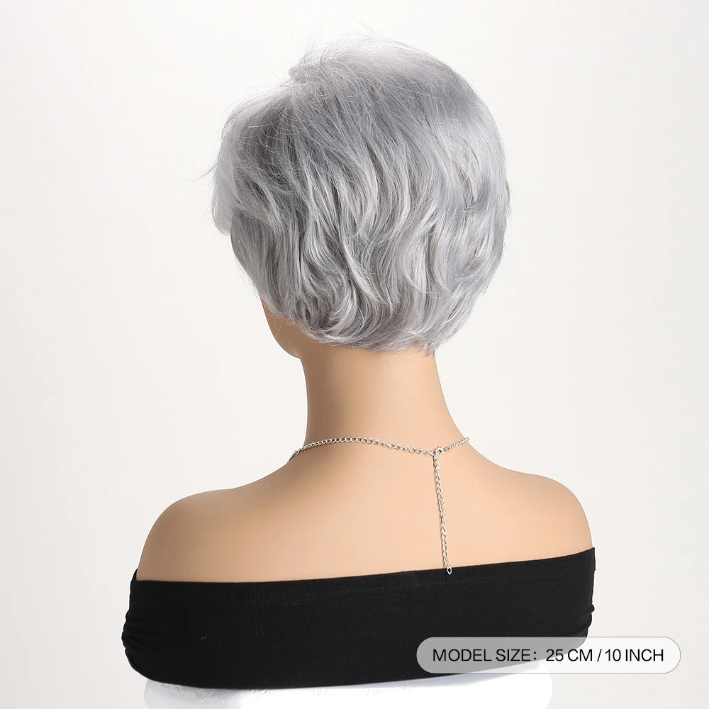 Short natural wigs with bangs, soft hair for mom, daily use, short gray ombre curly synthetic hair, costume party wig for women