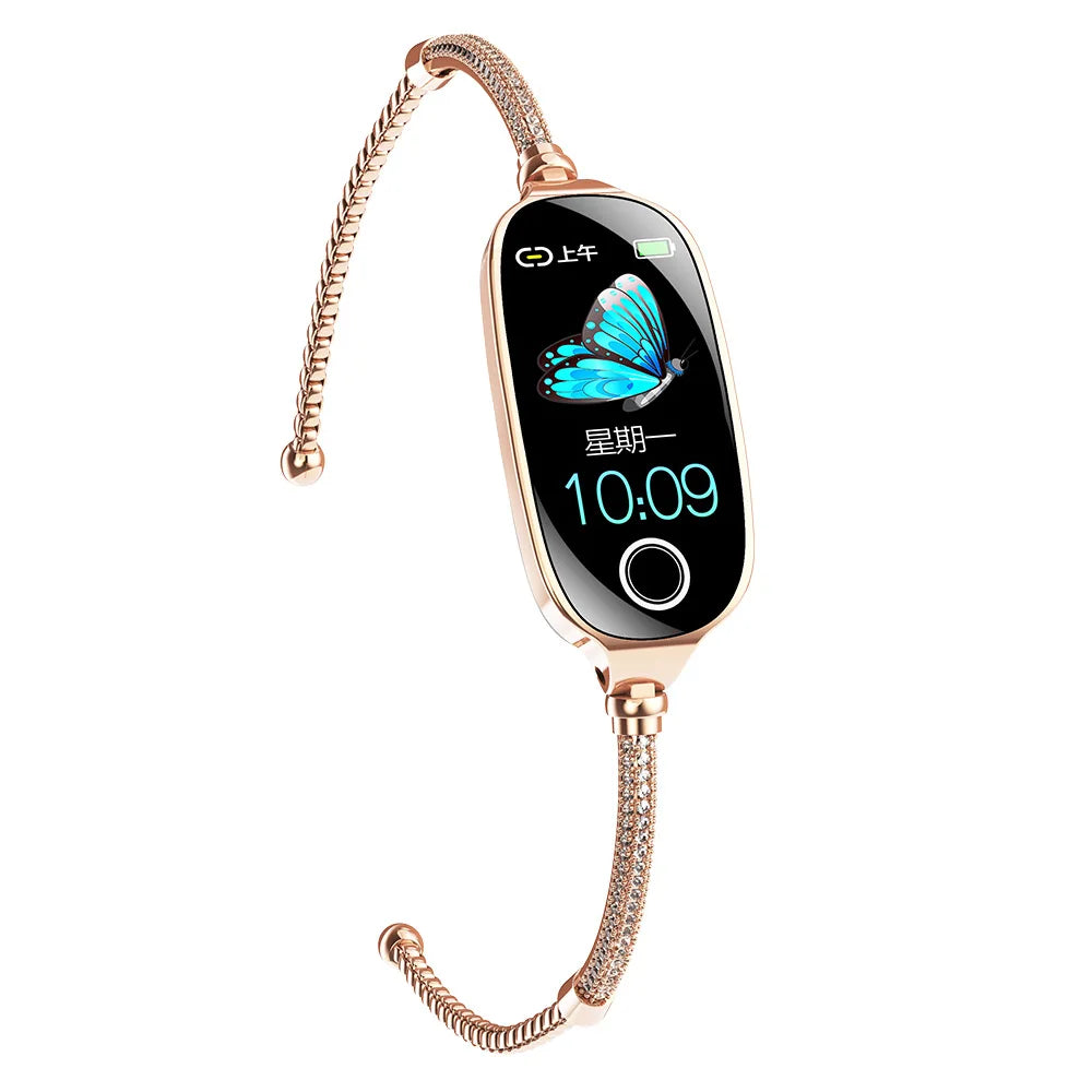 Reloj inteligente de moda para mujer con correa de caja de Metal llamadas Bluetooth recordatorio Menstrual femenino Monitor de presión arterial y frecuencia cardíaca