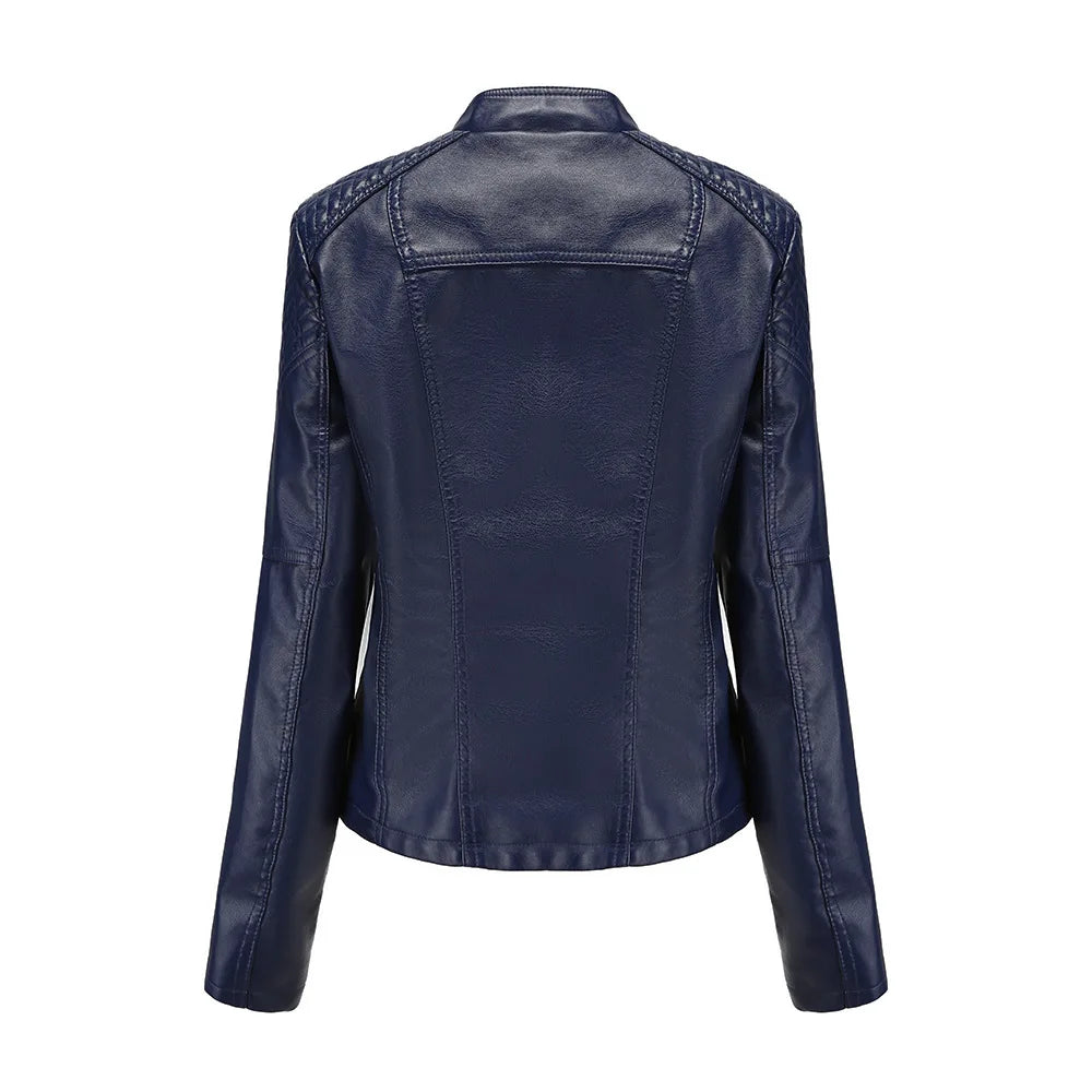 Chaqueta de cuero sintético para mujer, abrigo corto ajustado con cuello levantado y cremallera, ropa de calle para motorista, novedad de primavera y otoño.