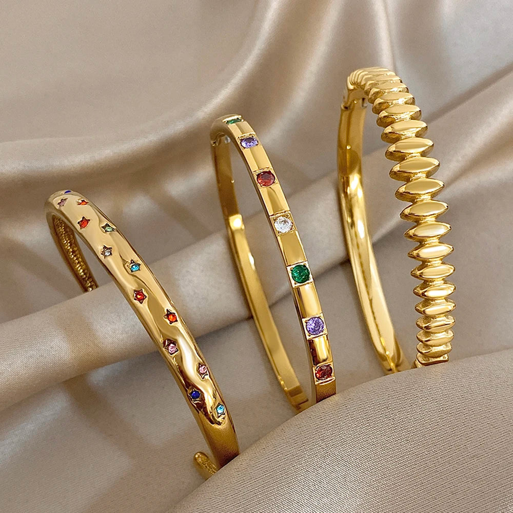 New Gold Plated Stainless Steel Bracelet with Colorful Rhinestone Inlays, Luxury Open Bangles, Bracelets for Women and Men, Jewelry