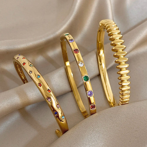 New Gold Plated Stainless Steel Bracelet with Colorful Rhinestone Inlays, Luxury Open Bangles, Bracelets for Women and Men, Jewelry