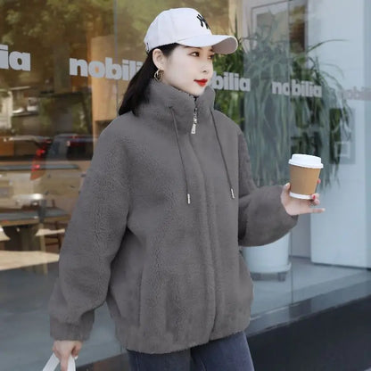 Abrigo cálido de lana Coral doble para mujer, abrigo grueso de felpa con cuello levantado, ropa informal de manga larga con cremallera a la moda para mujer