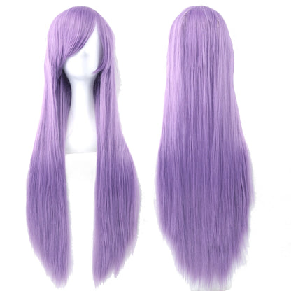 Soowee 80cm Synthetic Hair Wigs, White and Purple Cosplay Wigs, Black Straight Hair Wig for Party, Women's Wig.