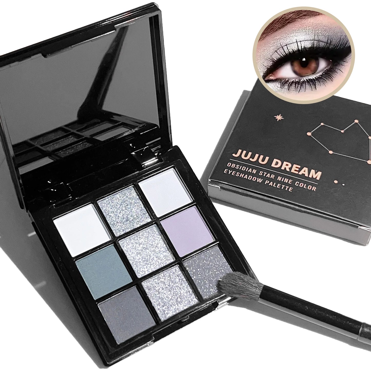 Paleta de sombras de ojos de 9 sombras: Black Swan, Smoky, Dark Black, Grey Silver Glitter, acabado mate, duradero y fácil de colorear