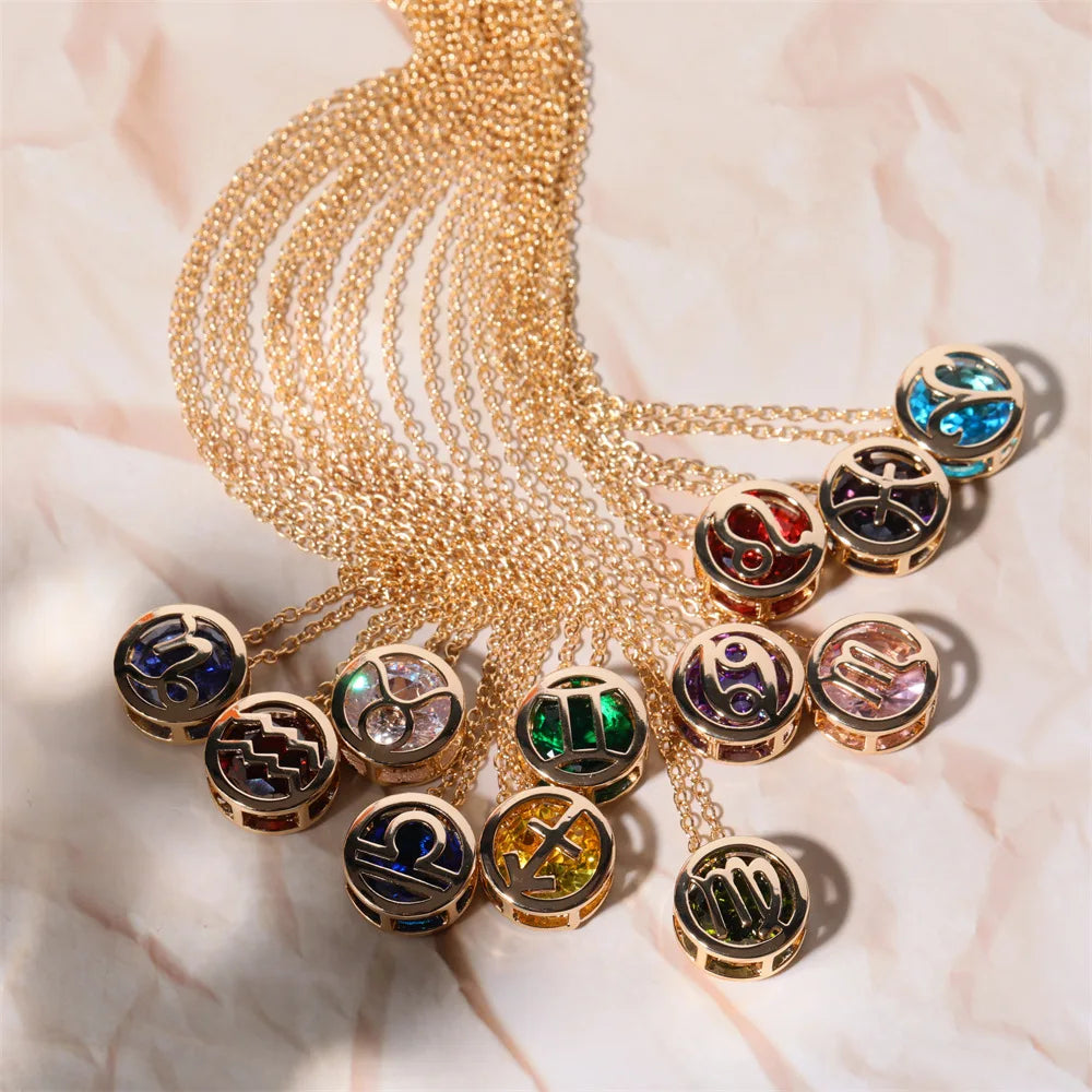 Retro Double-Sided Hollow 12 Constellation Pendant Necklaces for Women, Crystal Rhinestone Birthstone Zodiac Sign Choker