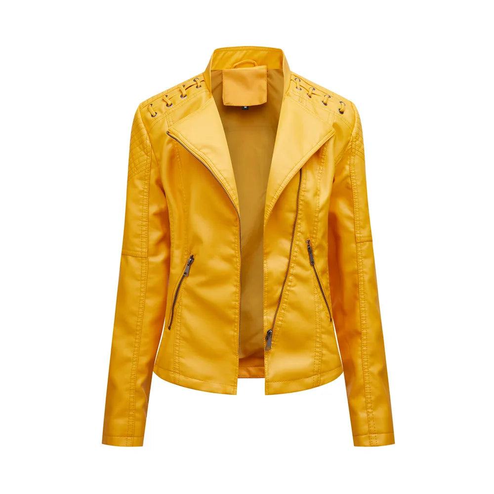 Chaqueta de cuero sintético para mujer, abrigo corto ajustado con cuello levantado y cremallera, ropa de calle para motorista, novedad de primavera y otoño.