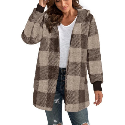 Cárdigan a cuadros de doble lana para mujer, chaqueta suave holgada de manga larga de felpa cálida con capucha, abrigo de retales para mujer, Otoño e Invierno