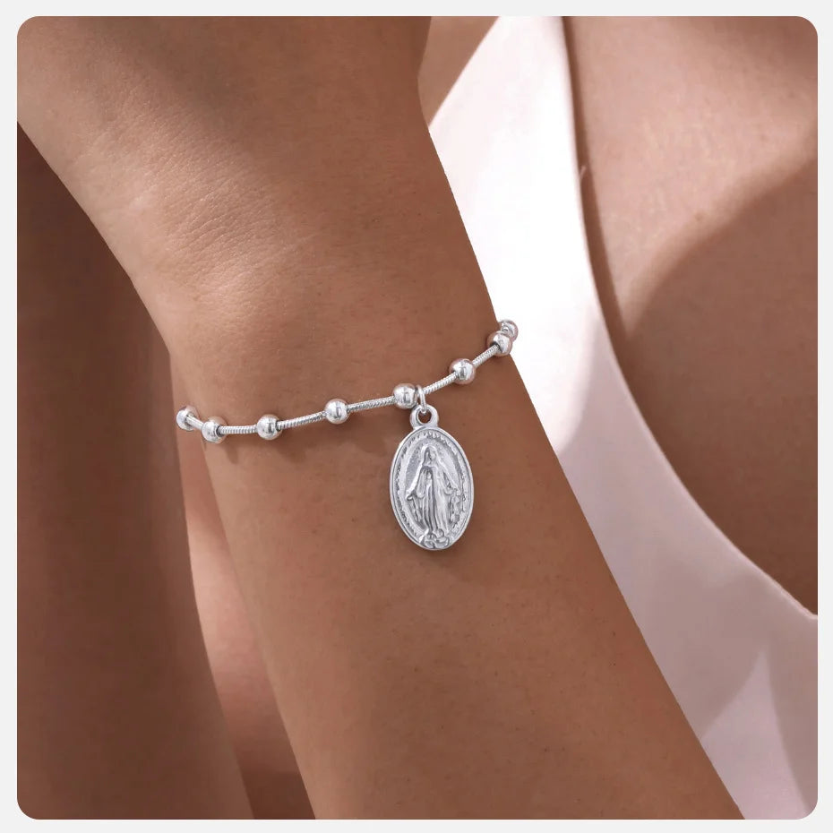 Vnox-pulsera de Rosario para mujer y niña, brazalete de oración de la Virgen María, Cruz religiosa de acero inoxidable chapada en oro, regalos