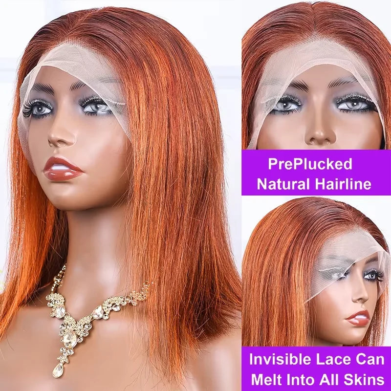13x4 Straight Lace Front Bob Wig, 100% Human Hair, Silky Ginger Orange, 200% Density, with P4-350 Orange Highlights, Pre-Plucked