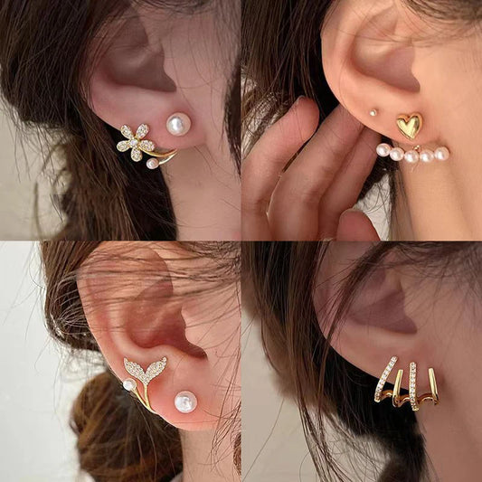 Korean Metal Heart Shaped Earrings Fish Tail Pearl Back Hanging Earrings for Women Girls Elegant Crystal Jewelry Gift 2024