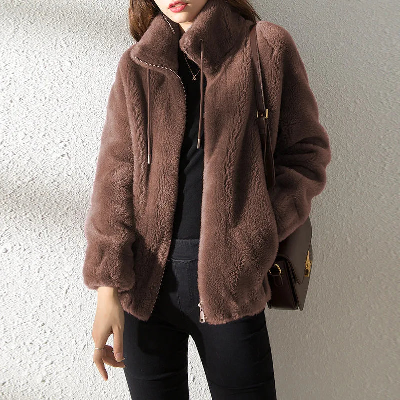 Abrigo cálido de lana Coral doble para mujer, abrigo grueso de felpa con cuello levantado, ropa informal de manga larga con cremallera a la moda para mujer