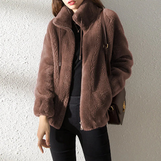 Women's Double Coral Fleece Warm Wool Coat, Stand-Up Collar Thick Plush Coat, Fashion Long-Sleeved Zipper Casual Wear for Women
