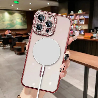 Funda de película de lente de cristal ostentoso de lujo para iPhone 15 16 11 12 13 14 Pro Max 16 Plus Magsafe cubierta transparente de carga inalámbrica magnética