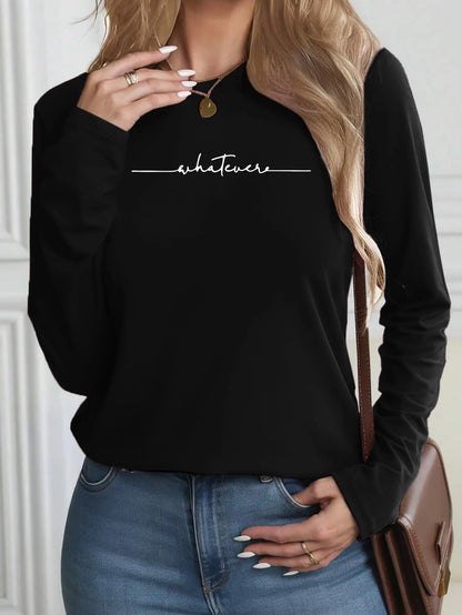 Camiseta holgada informal de algodón 100% para primavera y otoño para mujer, camiseta de manga larga con cuello redondo y estampado.