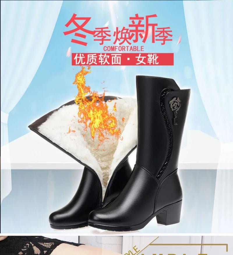 Botas de invierno para Mujer, Botas de nieve cálidas de felpa, Botas de tacón alto a media pantorrilla a la moda para Mujer, Botas de cuero de alta calidad para Mujer