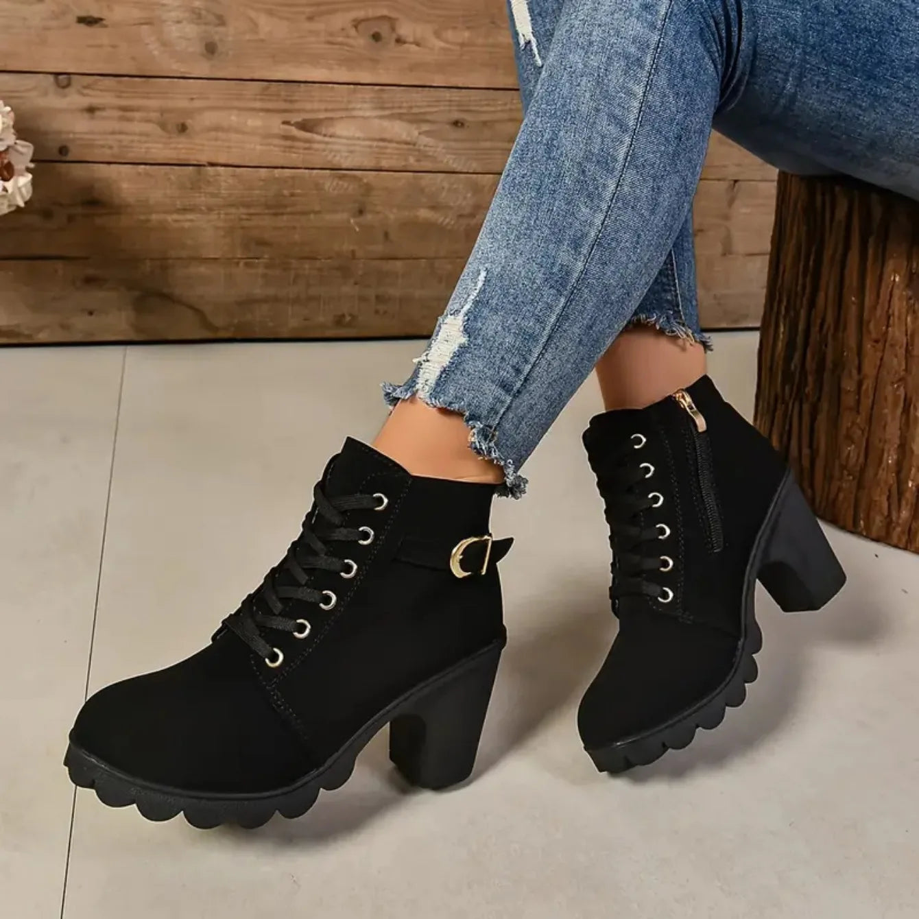Women's Anti-slip Lace-up Boots, High Heel Shoes, Outdoor Fashion, High Quality, Autumn and Winter