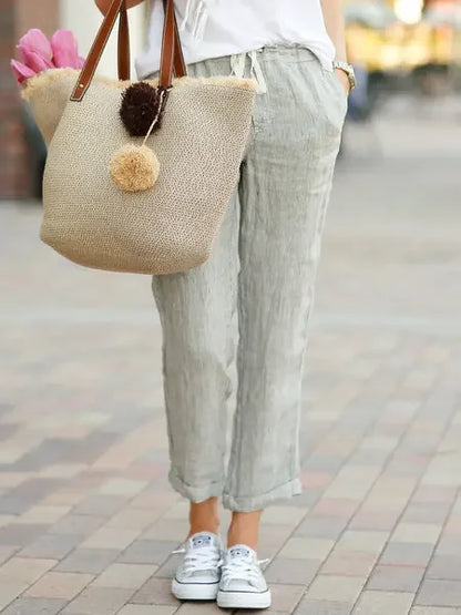 Women's Casual Linen Cotton Trousers, High Waisted Elastic Ankle-Length Solid Color Spring Summer Harem Pants with Pockets