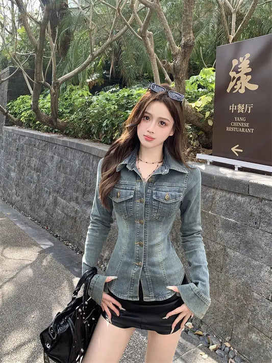 Women's Denim Blouse, Casual Plain Cotton Lace-Up Jacket, Street Style, Euroamerican Style, Vintage, New Spring