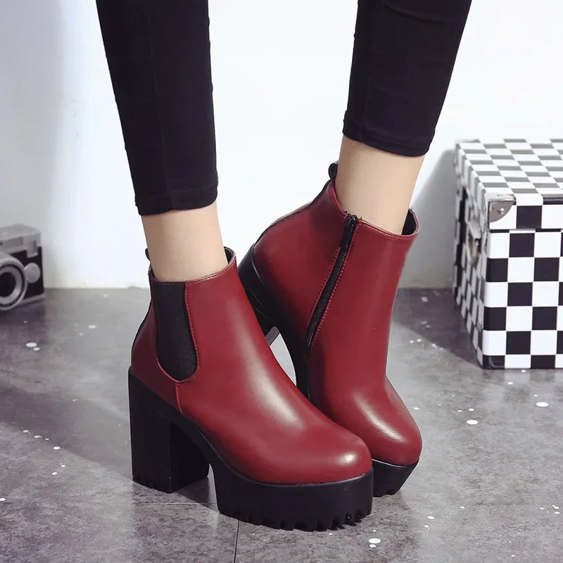 Botas de tacón cuadrado para Mujer, Zapatos con plataforma, de cuero PU, hasta el muslo, para motocicleta