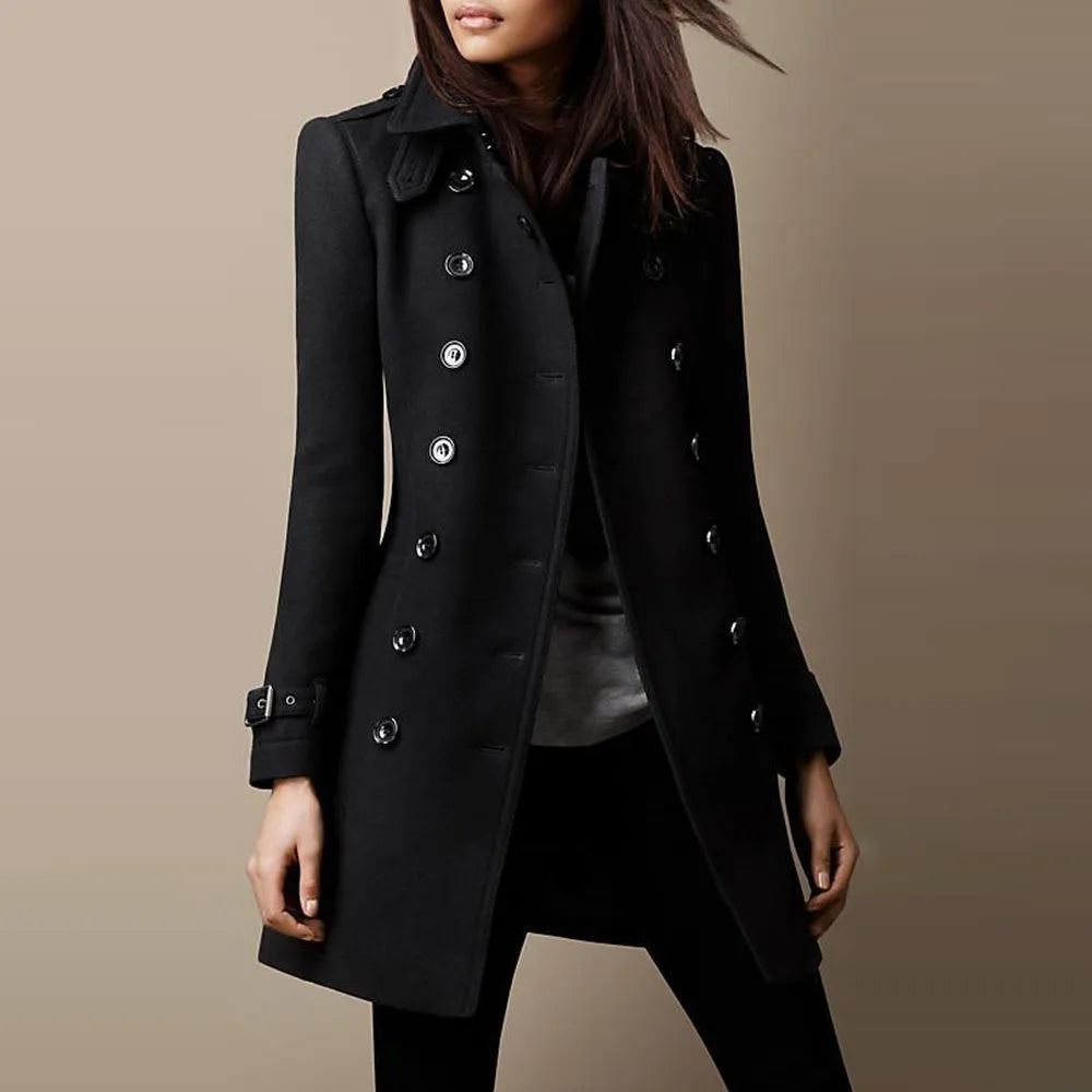 Chaquetas de lana de invierno para mujer, abrigo superior con solapa y doble botonadura, abrigo liso ajustado y elegante para mujer.