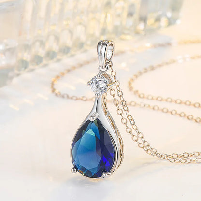 Collar de lujo para mujer, accesorios de joyería de plata 925, forma de gota de agua, colgante de piedras preciosas de circón de zafiro, regalo de fiesta de boda
