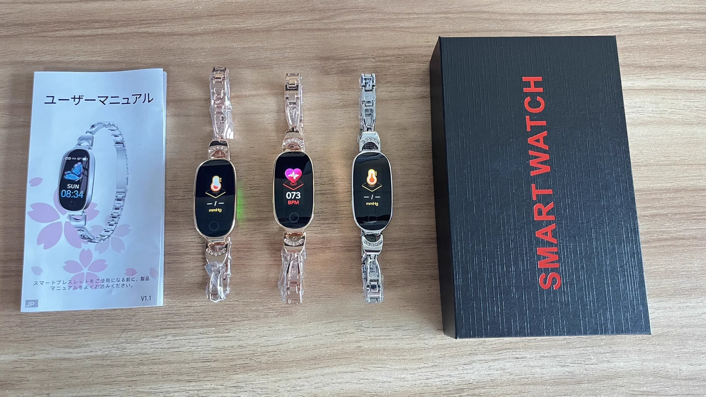 Reloj inteligente de moda para mujer con correa de caja de Metal llamadas Bluetooth recordatorio Menstrual femenino Monitor de presión arterial y frecuencia cardíaca