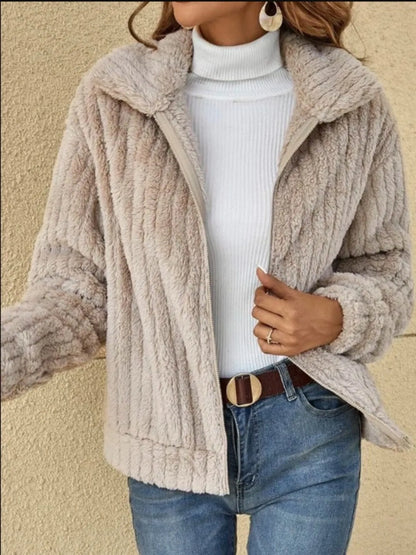 Women's Autumn/Winter Ribbed Plush Cardigan with Cutouts, Short Neck Coat 34/2000, Fashionable Warm and Cozy Outerwear