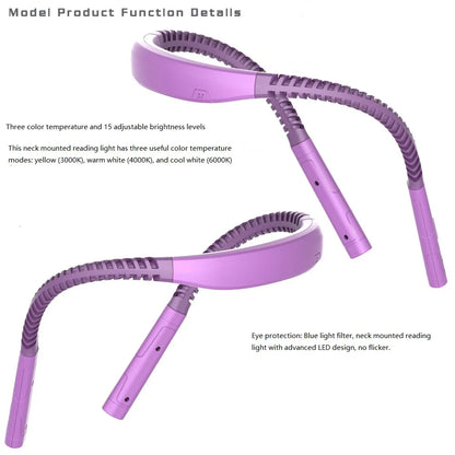 Luz LED de lectura para el cuello, 3 colores, 3 brillos, lámpara de lectura para libros, lámpara recargable por Usb, lámpara Flexible para leer el cuello y el brazo, lámpara para libros