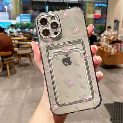 Funda de teléfono con soporte para tarjetas suaves para iPhone 13, 11, 16e, 15, 12, 14, 17, 16 Pro Max, 7 Plus, XR SE, funda transparente con flores estéticas