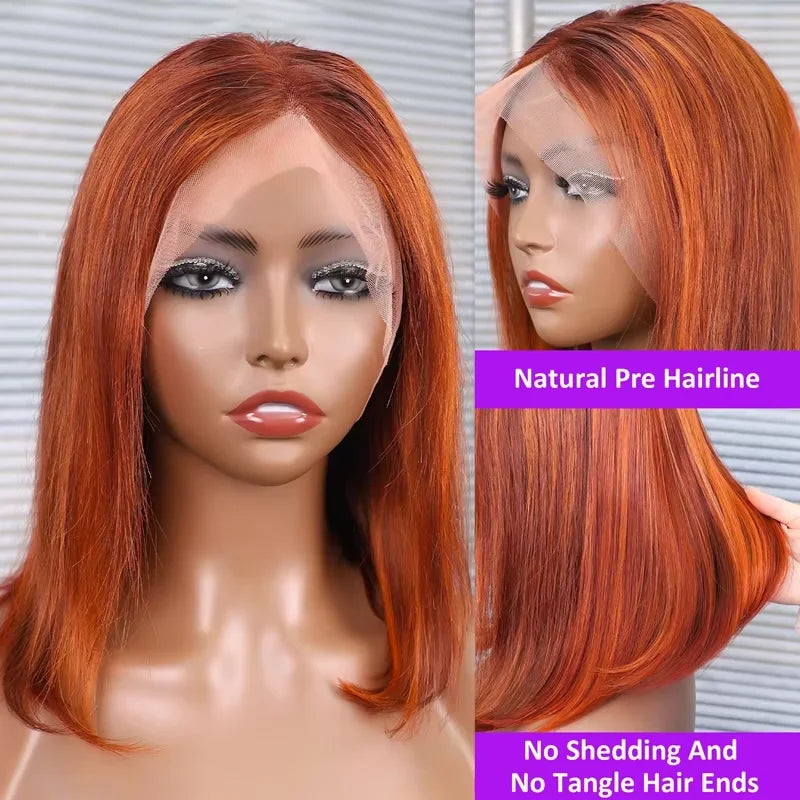 13x4 Straight Lace Front Bob Wig, 100% Human Hair, Silky Ginger Orange, 200% Density, with P4-350 Orange Highlights, Pre-Plucked