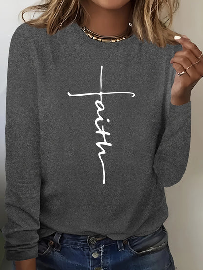 Camiseta holgada informal de algodón 100% para primavera y otoño para mujer, camiseta de manga larga con cuello redondo y estampado.