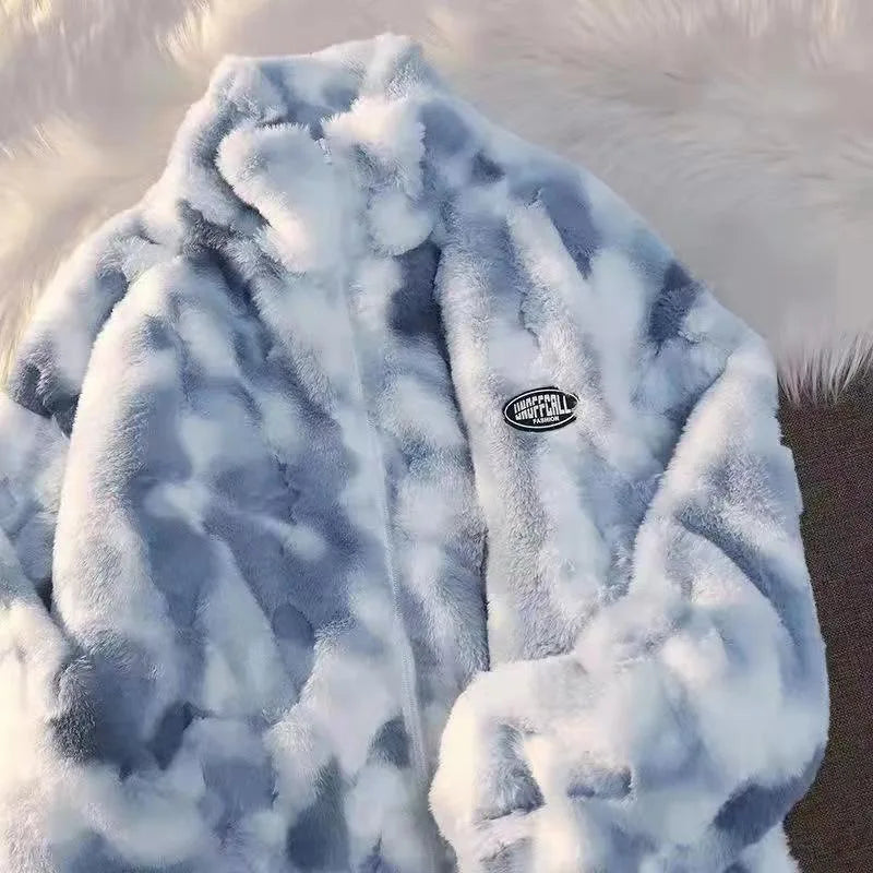 Nueva chaqueta de lana de cordero teñida anudada para mujer, prendas de vestir exteriores con cremallera para otoño e invierno, chaquetas cálidas de felpa, abrigo grueso holgado informal Harajuku para mujer