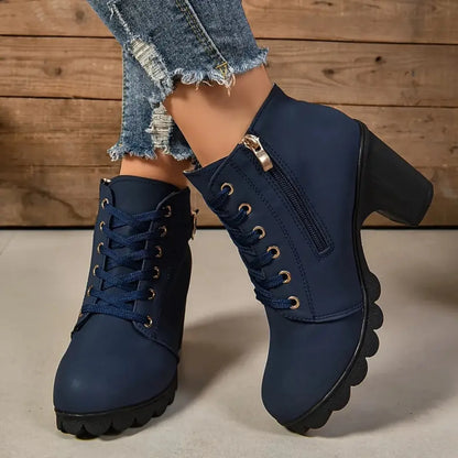Women's Anti-slip Lace-up Boots, High Heel Shoes, Outdoor Fashion, High Quality, Autumn and Winter