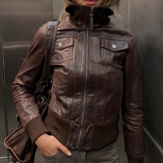Women's Safari Style PU Leather Jacket with Fitted Pockets, Long Sleeve Zipper Stand-Up Collar Coats, Y2K Streetwear for Autumn and Winter 2025