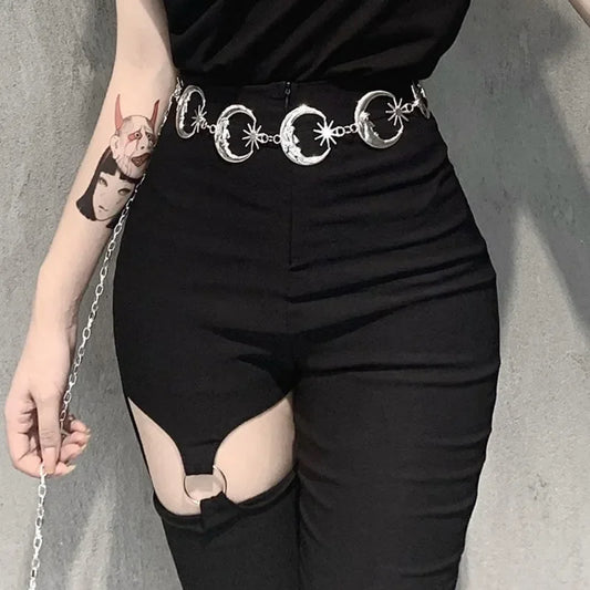 Women's Gold Chain Belt, Metal Moon and Sun Belts, Punk Dress Waistband, Gothic Cowboy Accessory, Long Ketting Riem.