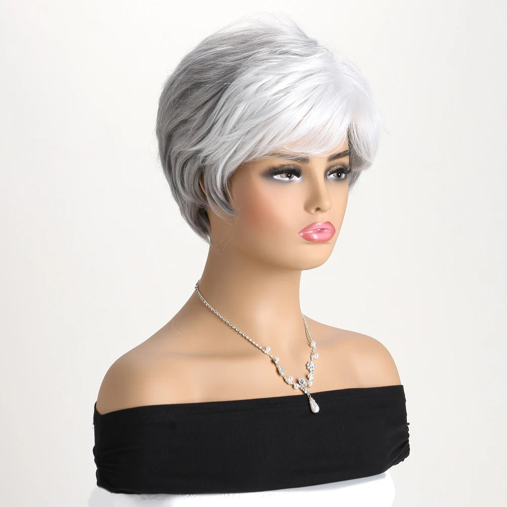 Short natural wigs with bangs, soft hair for mom, daily use, short gray ombre curly synthetic hair, costume party wig for women