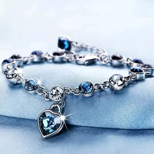 Silver-plated lucky bracelet for women, blue crystal heart charm bracelets for women, fine wedding and bridal engagement jewelry